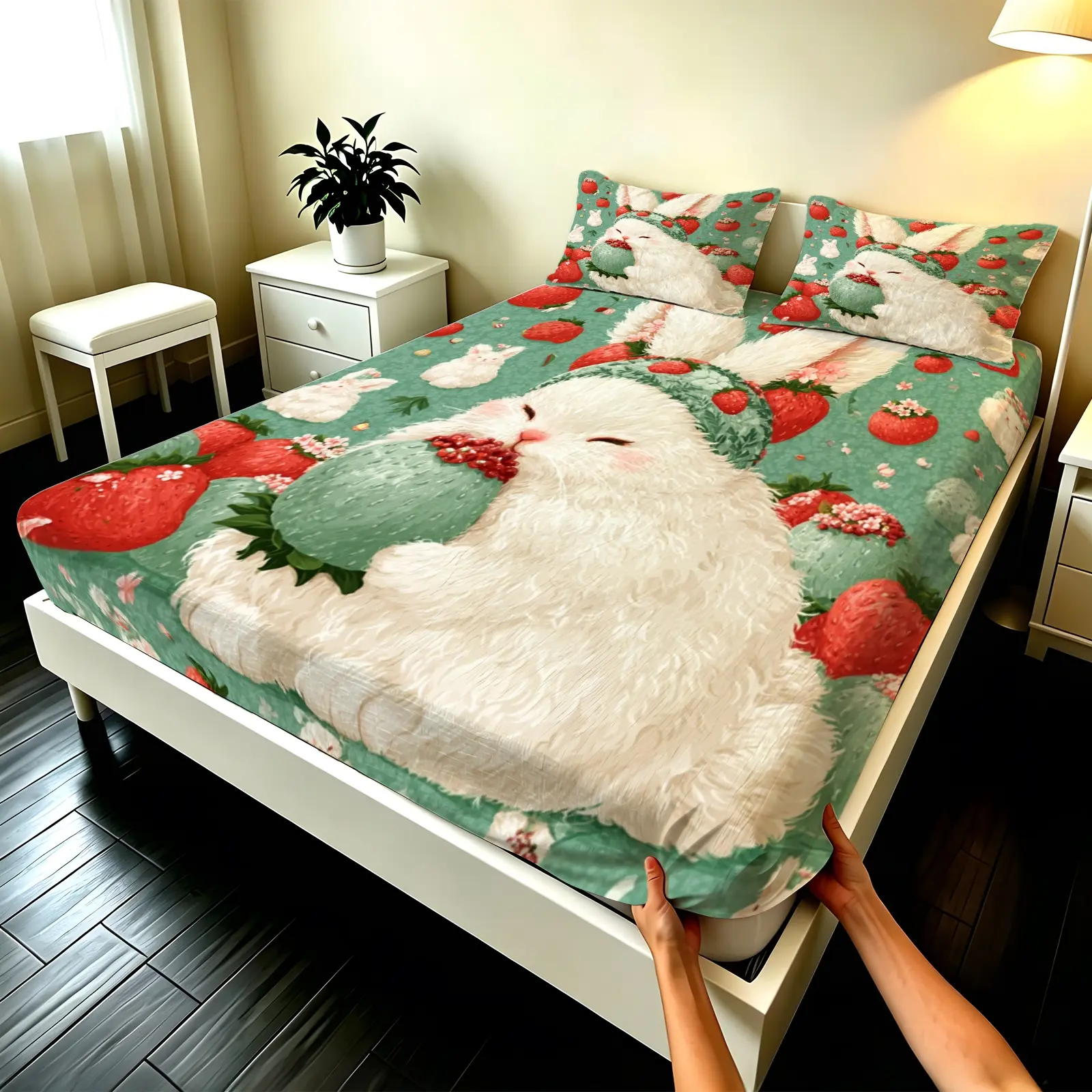 3pcs Fitted sheet Strawberry White Bunny Aesthetic Pattern Soft Microfiber Bedding Set Wrinkle Resistant Fade Proof Breathable Cozy Comfortable for Bedroom Hotel Home Twin Full Queen King Size