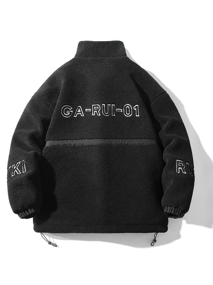 Men's stand collar lambskin embroidered warm cotton clothing Large loose casual fleece thick coat American street style letter embroidery fleece jacket