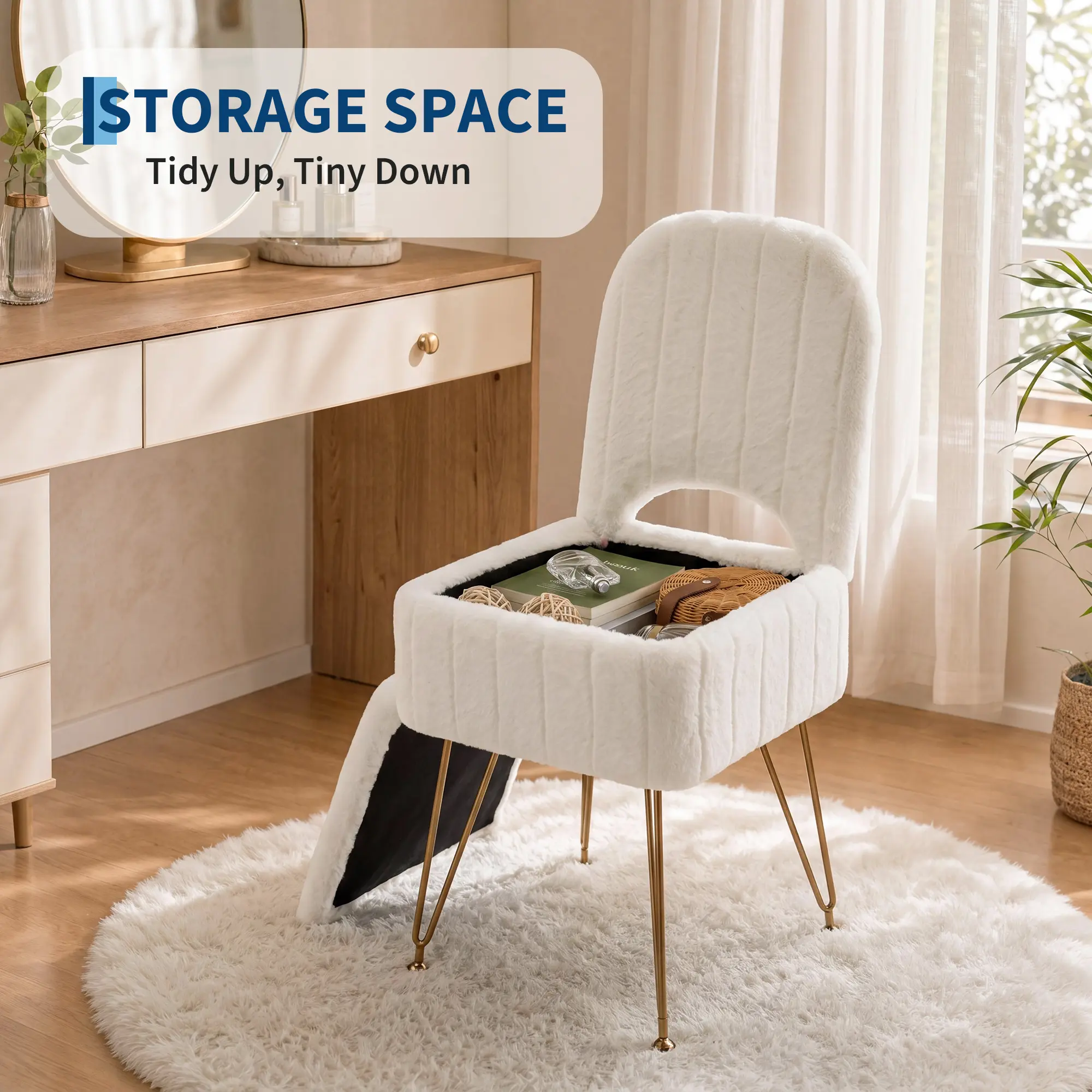 Square Vanity Stool with Backrest, Faux Fur Ottoman with Hidden Storage, Modern Bedroom Chair, 284 lbs Weight Capacity, Large White