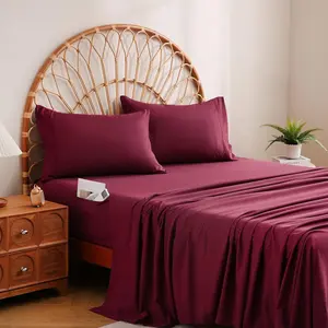 Burgundy Queen Sheet Set with Side Storage Pocket, 4 Piece Soft Microfiber Bed Sheets Deep Pocket Corner Straps Oeko-Tex Certified