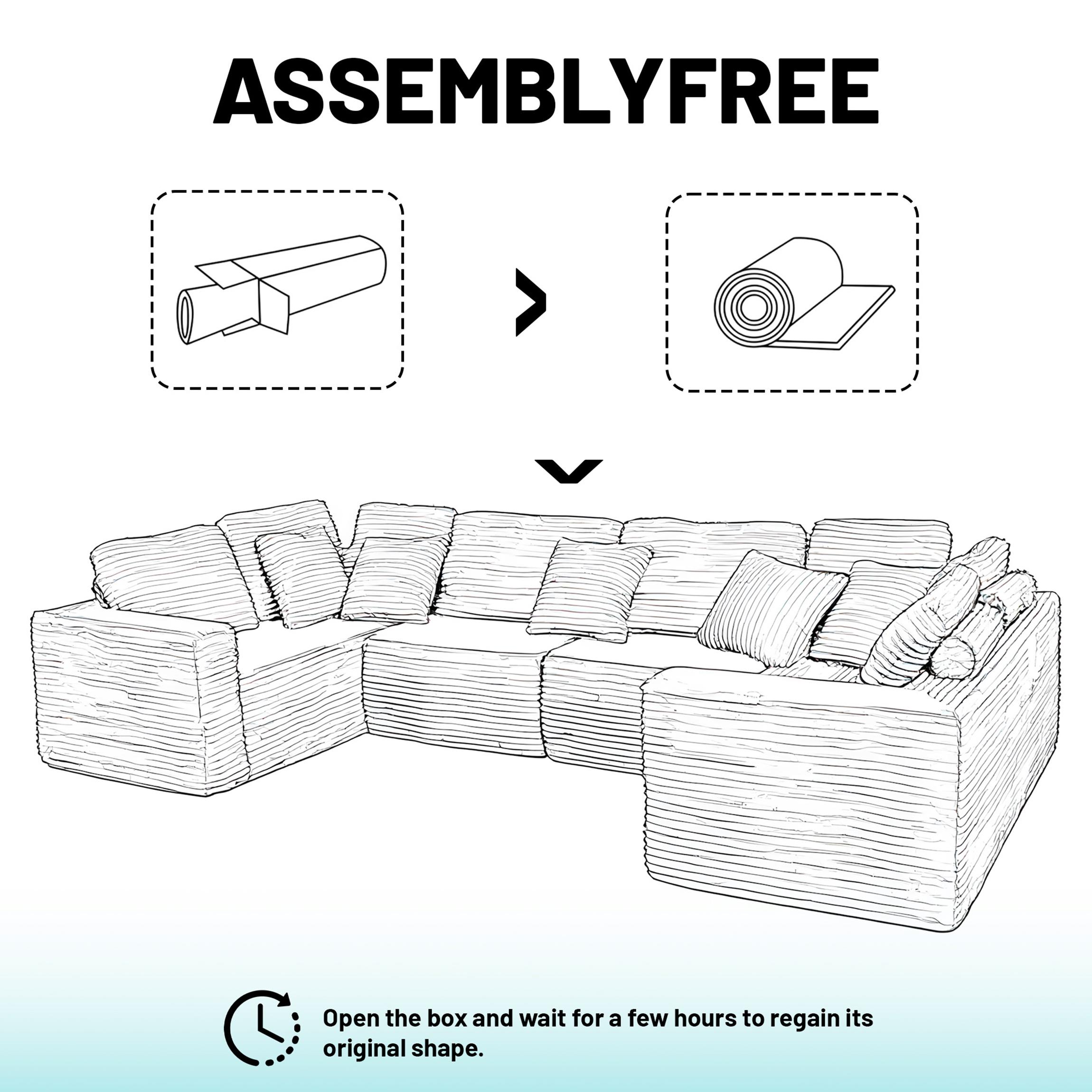 135.5-inch Modular U-Shaped Sectional Sofa, 6-Seater Chaise Lounge with Reversible Design, Striped Corduroy Fabric in Black – Living Room or Bedroom Couch, Freely Configurable Layout.