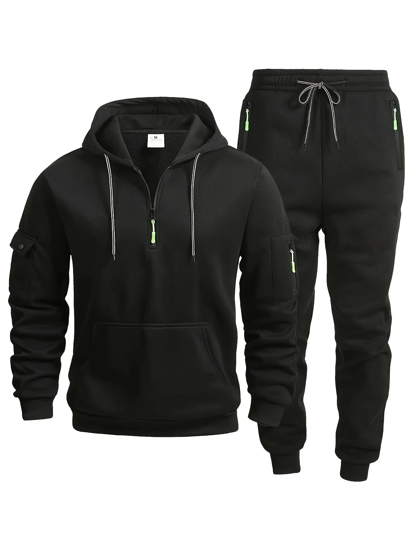 Men's Half-Zip Drawstring Hoodie Sport Set, Multiple Zip Pockets, Elastic Sleeve Joggers, Casual Athletic Two-Piece Sport Casual Outfit, Activewear Workout Set Gym Workout Sets