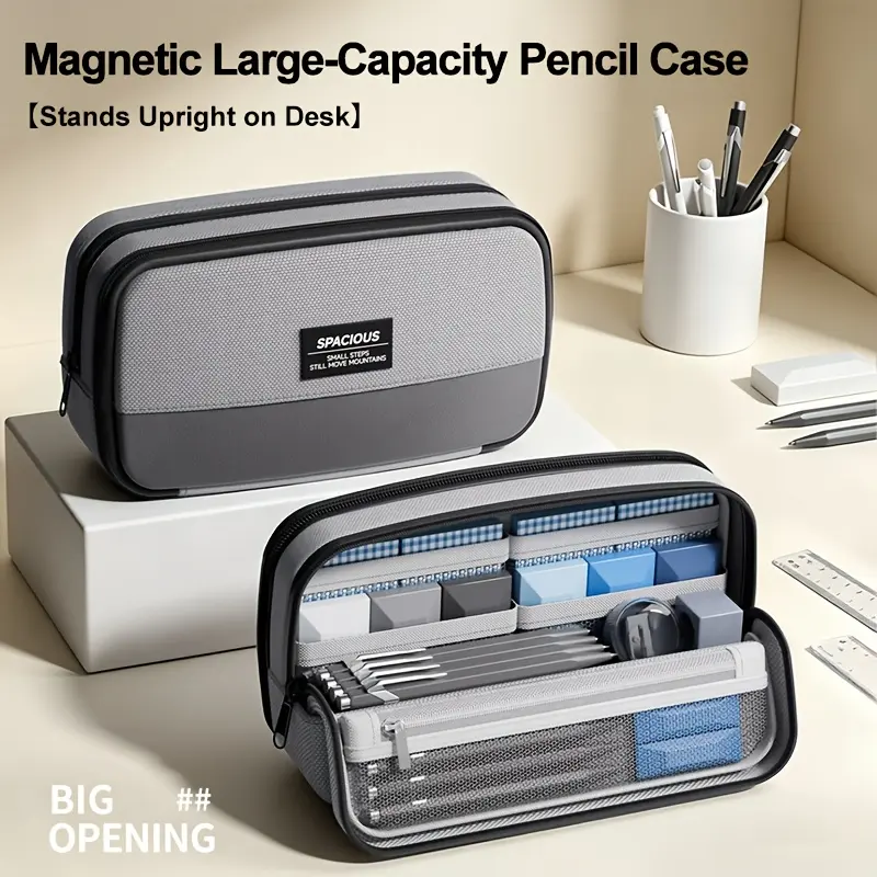 1/2Pcs Magnetic Large‑Capacity Pencil Pouch, Aesthetic Unique Stand‑Up Stationery Bag, Vertical Pen Case Storage Pouch for Junior High School Students, Simple Stylish Desktop Stationery Organizer Bag