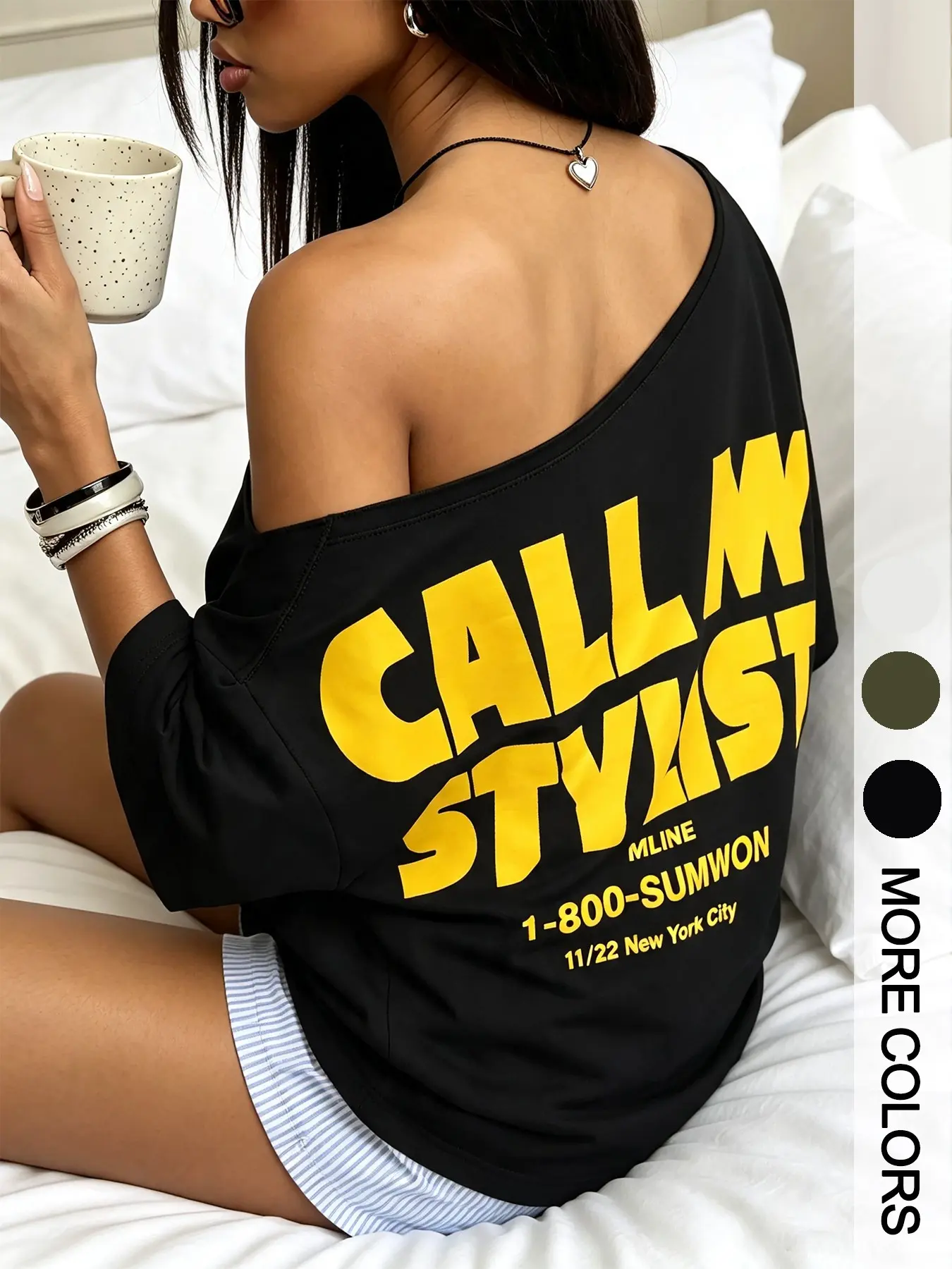 High Street Trendy Back Print One-Shoulder T-Shirt, Summer Loose Fit Oversize, Conceals Fatigue, Slimming Diagonal Shoulder Top
