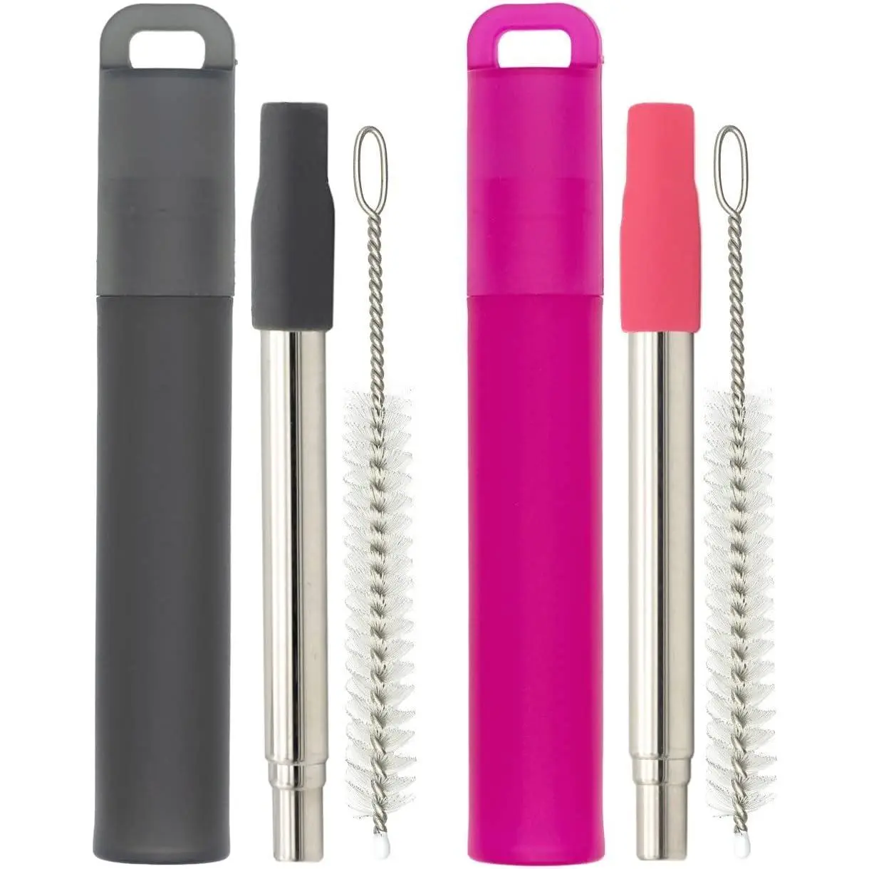 -Metal  Straws, 2 Pack Collapsible Portable Stainless Steel Straws, with Plastic Housing  Tips and Cleaning Brush, Retractable Portable Pocket Drinking Straws