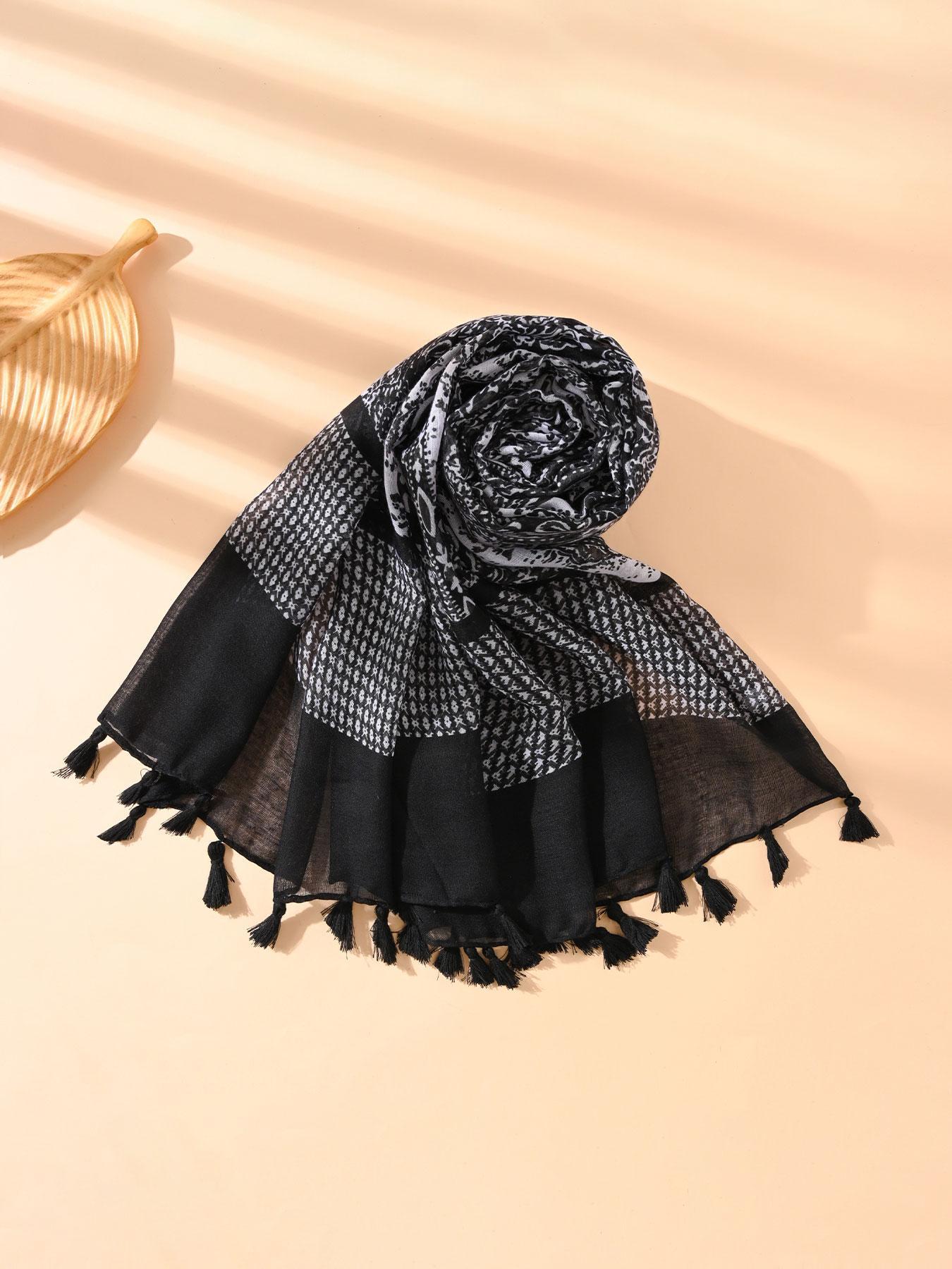 Women's Random Print Fringe Trim Long Scarf, Boho Casual Style Shawl for Beach Vacation, Fashion Accessories for Women & Girls