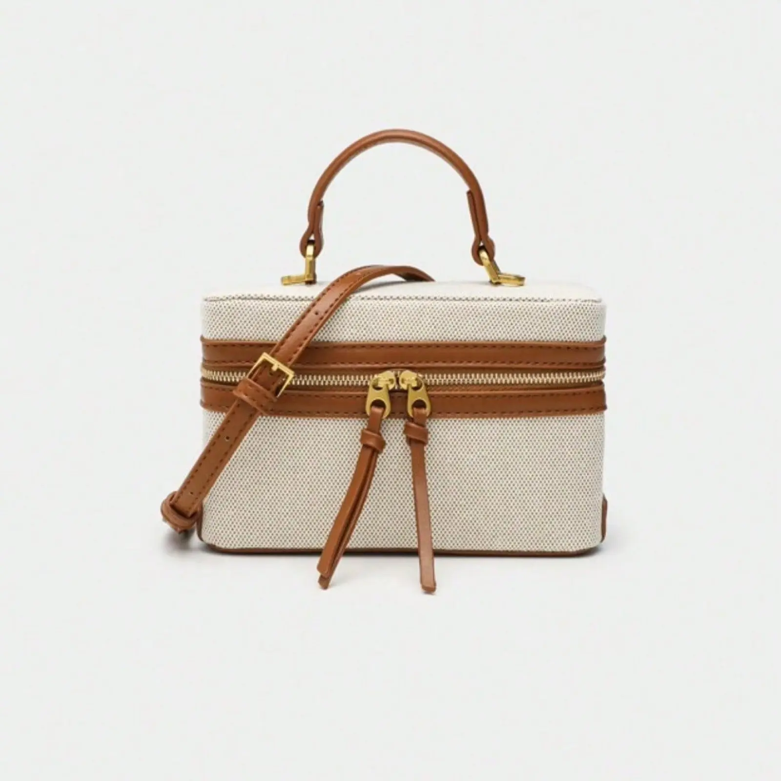 Vintage Canvas Faux Leather Trim Box Shoulder Purse, Mini Top Handle Casual Colorblock Handbag with Double zipper Closure, Elegant Crossbody Bag, Makeup Bag for Women Daily Use