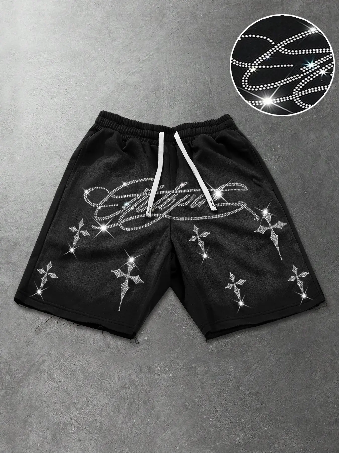 New Men's Hip-Hop Loose Five-Quarter Summer Graphic Shorts, Eye-Catching Rhinestone Cross Letter Print, Comfortable Drawstring Waist, Breathable Streetwear Pants