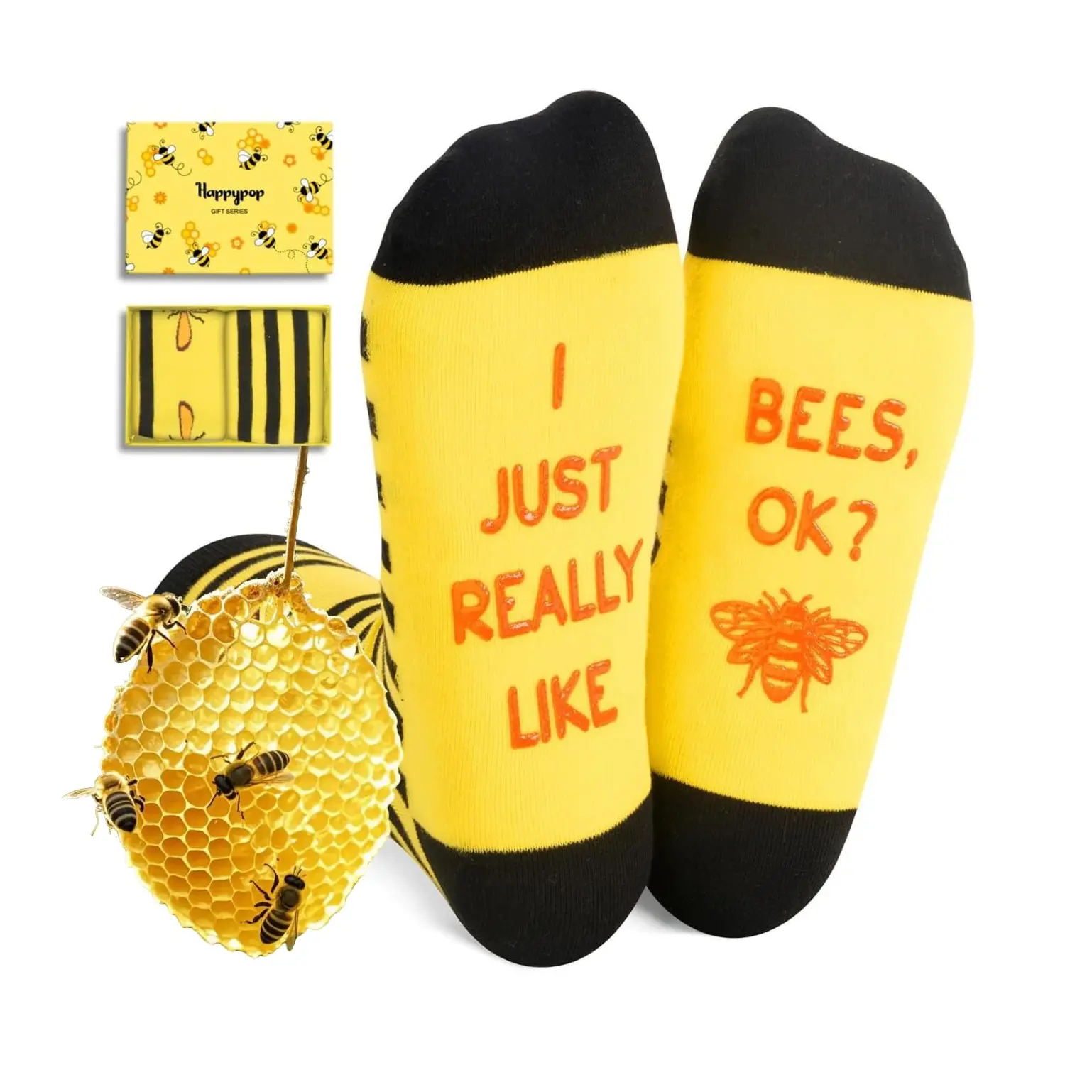 HAPPYPOP Funny Women Men Bee Socks, Bumble Bee Gifts, Yellow Cute Insect Socks