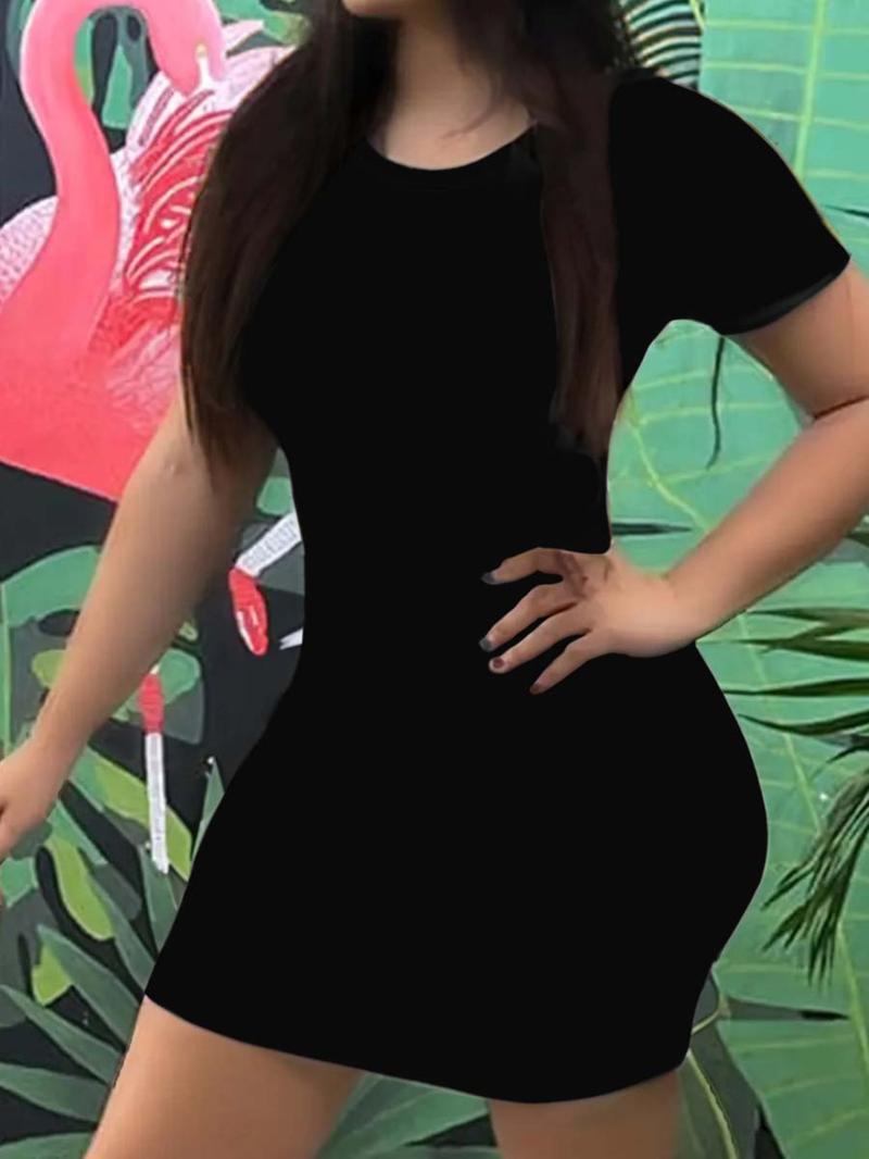 Women's Plain Pocket   Dress, Casual Short Sleeve Round Neck Dress for Daily Wear, Ladies Clothes for All Seasons