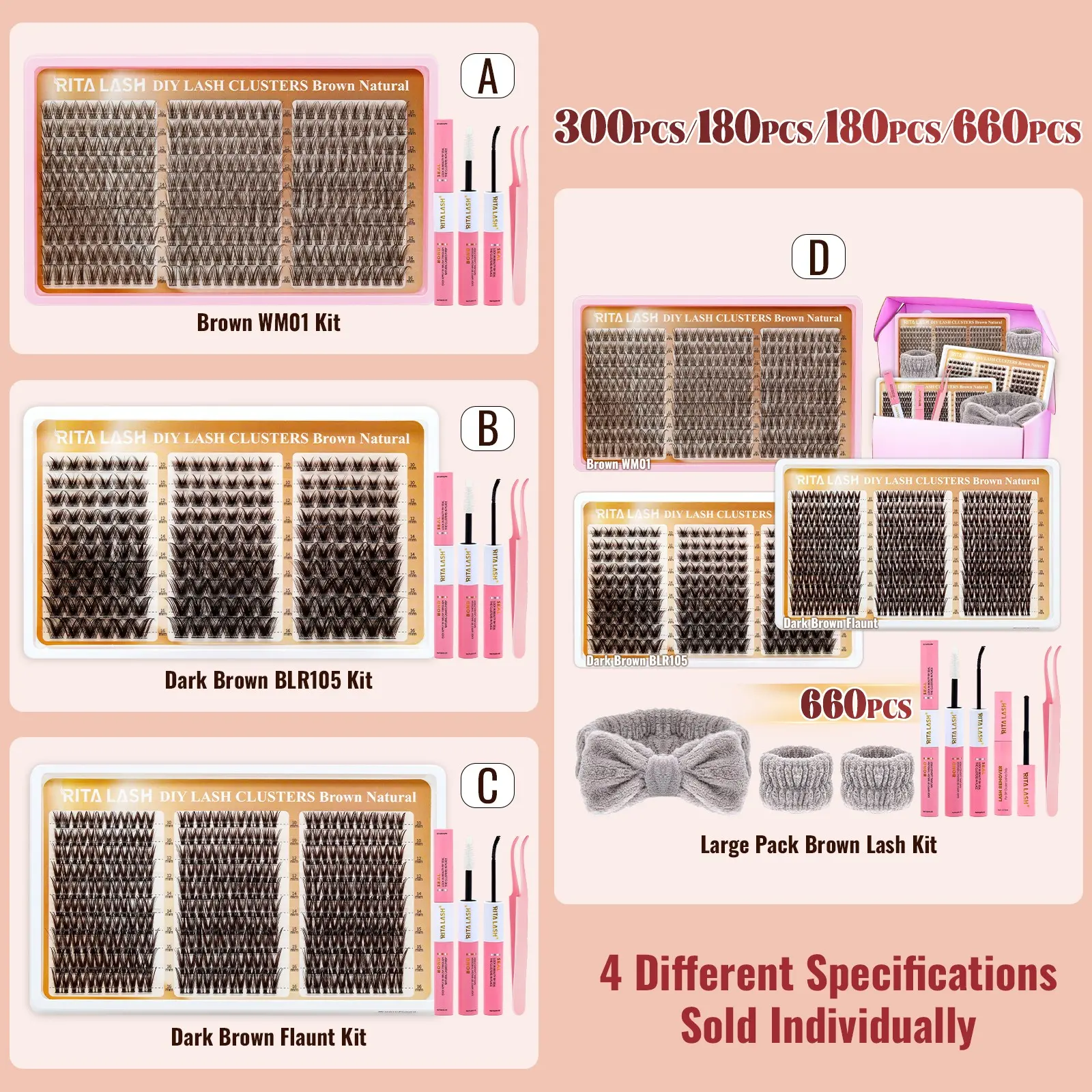 RITALASH 660PCS Dark Brown Segmented Lash Clusters Kit Eyelash Extension Makeup Light Feathery Natural Look Dark Brown Cluster Eyelashes Big Box Set DIY Long-lasting Lashes (WM01-BLR105-Flaunt)