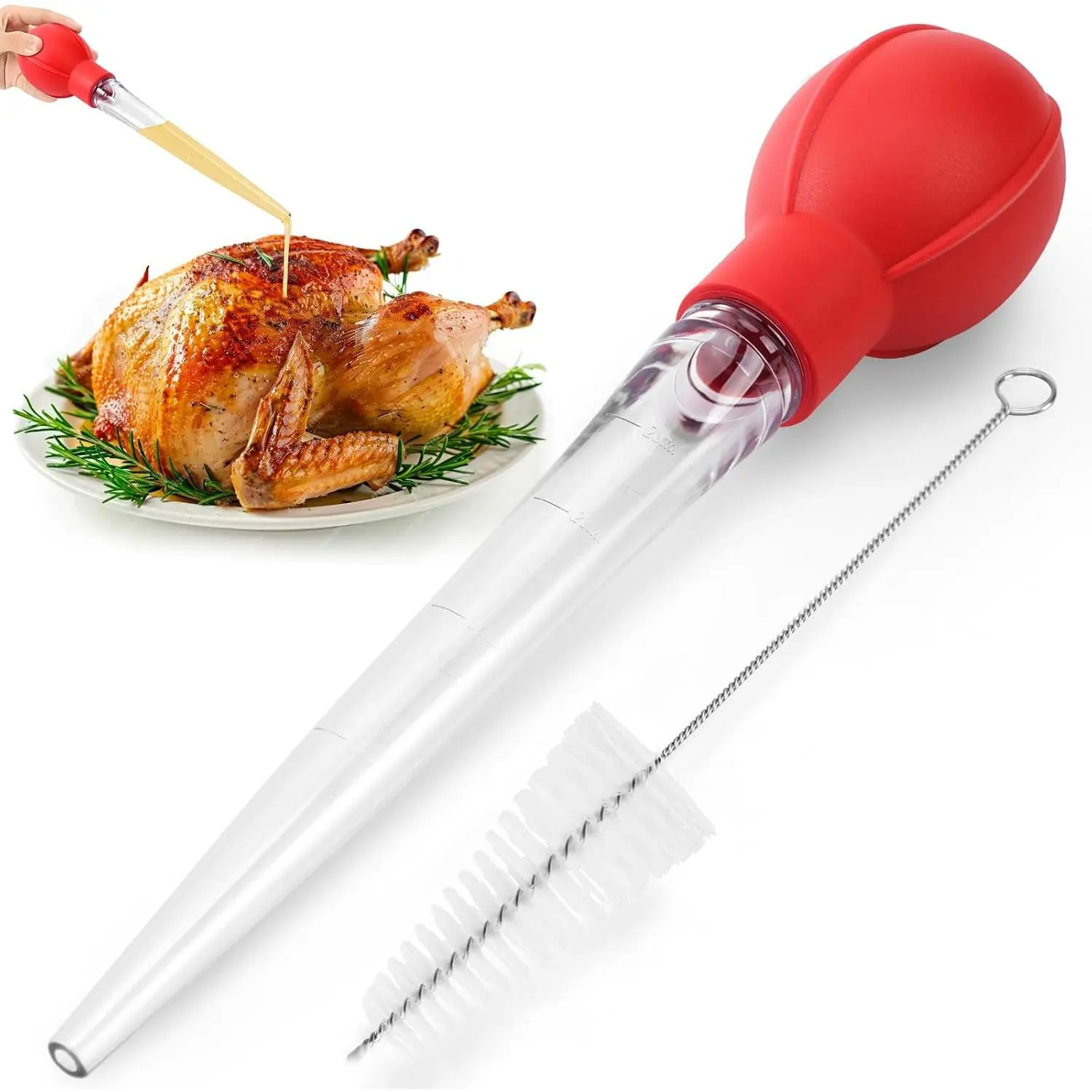 Turkey Basters for Cooking – Baster  for Hot Liquids – Meat and  Injector – Essential Thanksgiving Cooking Tool – Turkey Baster Large with Cleaning Brush (Red)