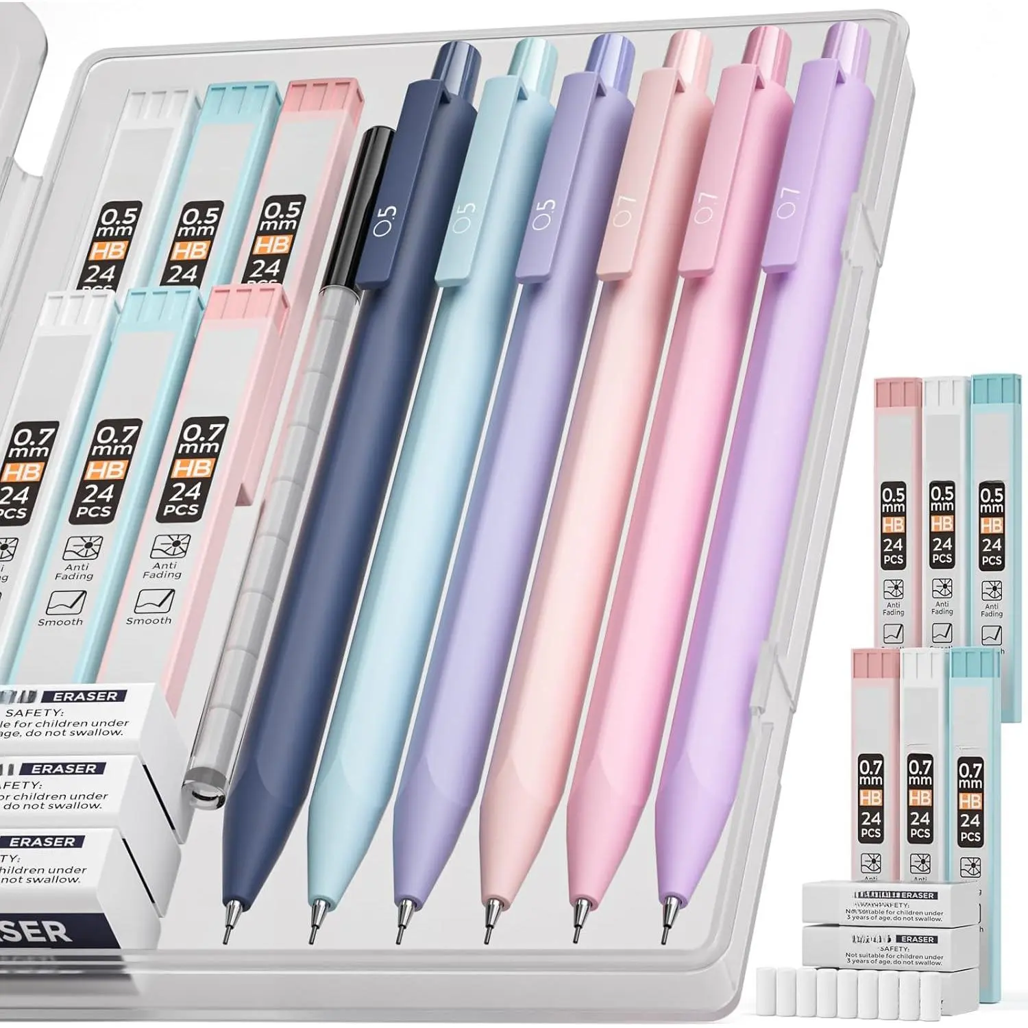 Pastel Mechanical Pencil Set, 0.5 & 0.7mm Cute Pencils, Pack of 6| 6 Tubes HB Leads, 3 Erasers, 9 Refills, Storage Case, Triangular Grip, Pink/Purple/Blue Barrels, for School Supplies Writing