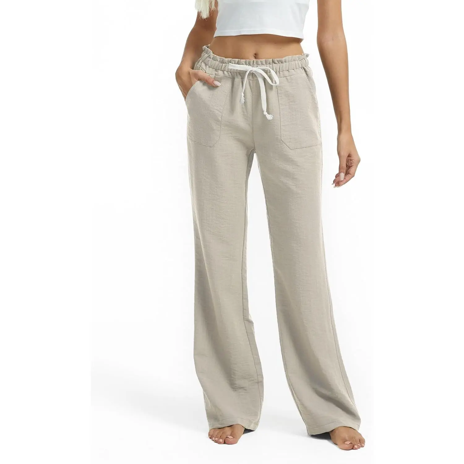 Tall Women Casual Linen Pants 30"/32"/34"/36" Inseam Drawstring Smocked Waist Beach Summer Trousers with Pockets
