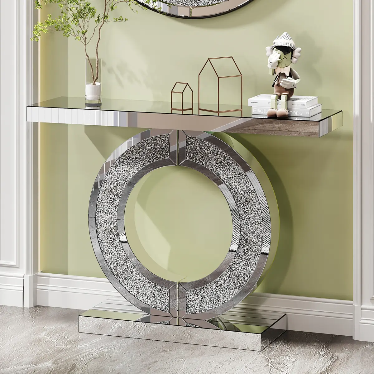 O Shaped Mirror Console Table with Crystal Hallway Entry Home Décor, Handicrafts Mirror Table for Living Room,Mirror Glass Table for Room
