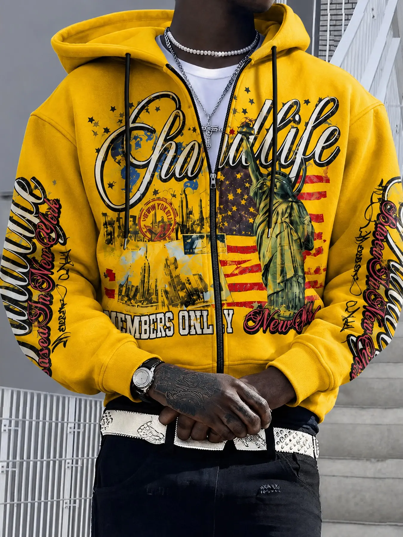 Men's Streetwear Spring Casual Statue of Liberty Graphic Loose Zip-Up Hoodie, Comfortable Fashion for Daily Activities, Outdoor & Travel