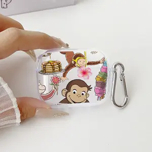Yellow Hat Monkey Pattern Protective Case for AirPods 4/3/2/1/Pro/Pro2 Soft TPU Earphone Cover, Transparent with Keychain