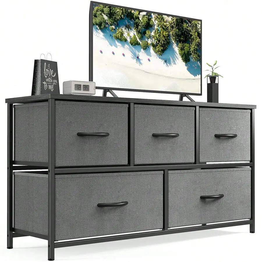 5 Dresser Chest Bedroom, Metal Frame And Wood Top For TV Stand Up To 40 Inch With Fabric Storage Drawer Units For Living Room,chabuildreark,farmhouse,coffee bar cabinet,lockable,,,,jewelry,armoire,,tower,,cabinets,bathroom,mirror