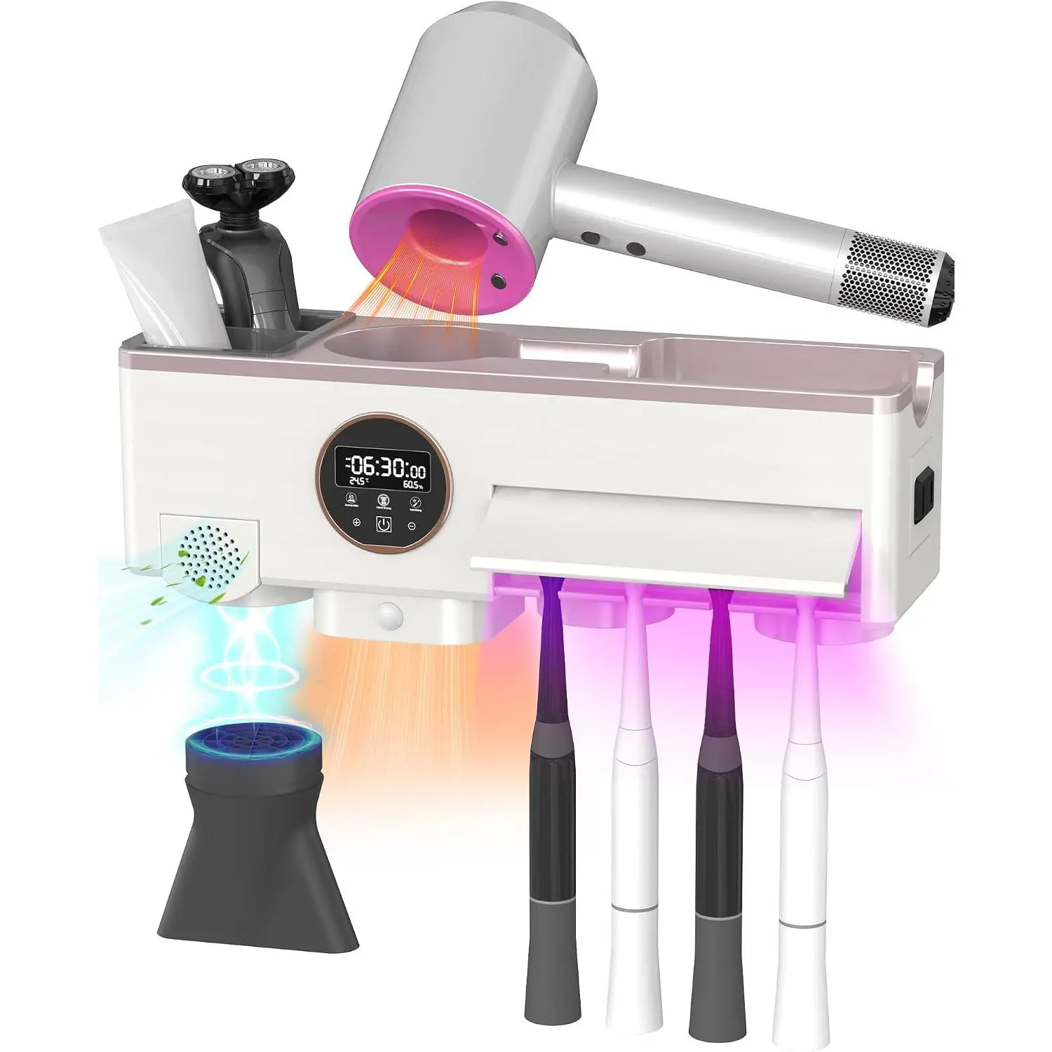 Toothbrush Cleaner and Holder for Bathrooms Wall Mounted with Fan Drying&30min Timing Function Cruise Air Drying,Electric Toothbrush Holder with 4Toothbrush Slots,Toothpaste Dispenser with Led