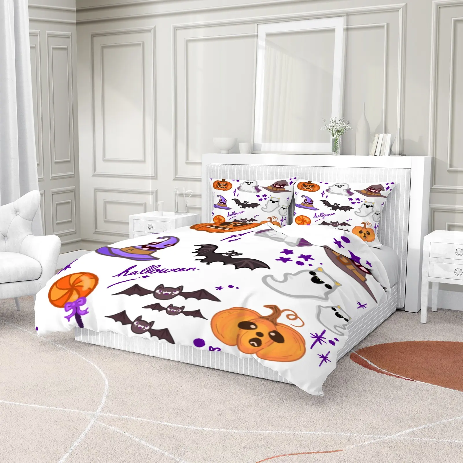 Cute White Background Halloween Pumpkin Ghost Bat 2/3Pcs Duvet Cover Set, Cartoon Witch Hat Purple Star Holiday Bedding Set--1 Duvet Cover + 1/2 Pillowcases (No Inserts), Spooky Kids Halloween Themed Bedding For Bedroom Decor Housewarming Birthday