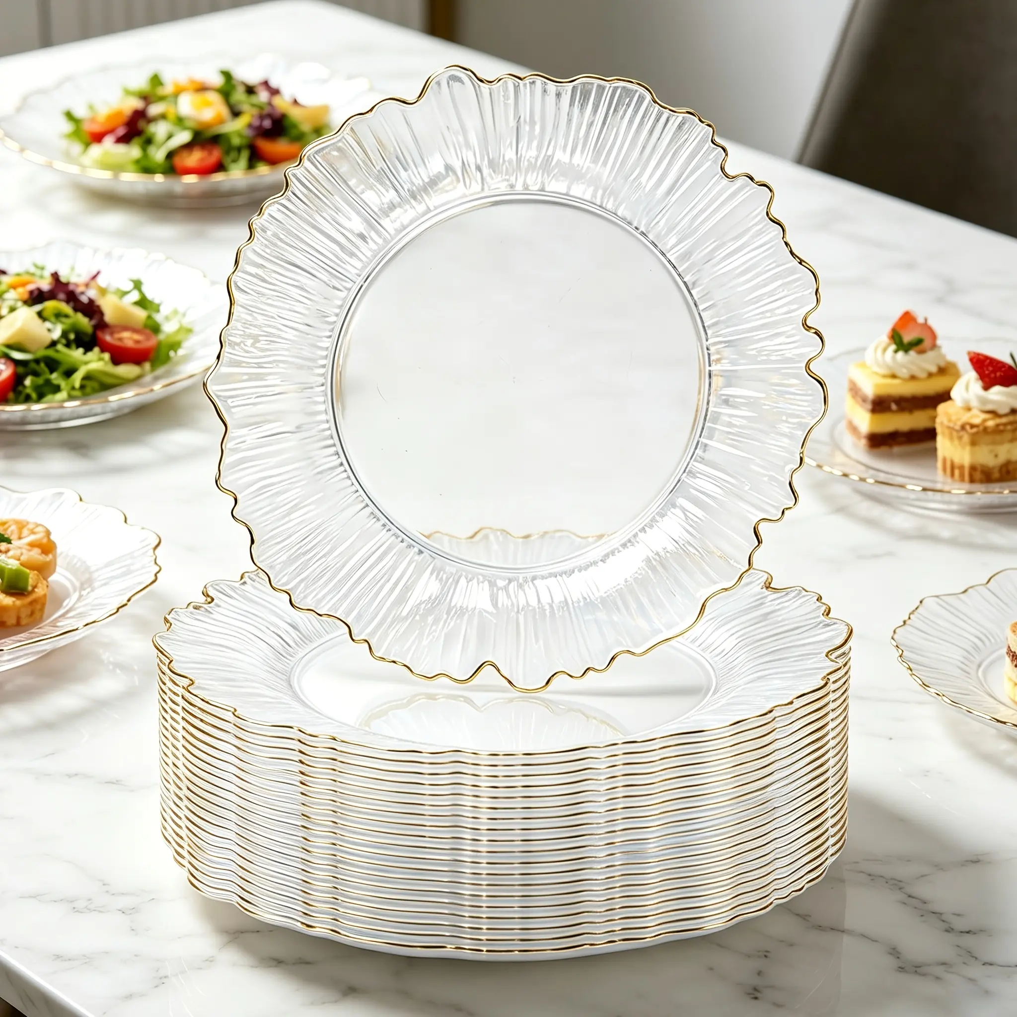 10 transparent plastic plates with gold edges, 7.5inch dessert plates/salad plates, very suitable for use at weddings, holiday dinners, anniversaries, birthday parties, hotels, and other occasions
