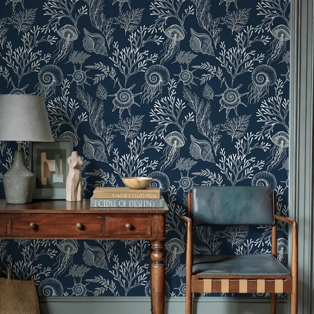 Self-Adhesive Wallpaper, Deep Blue Ocean Algae and Seashell Modern Wallpaper, Waterproof, Peel and Stick, for Living Room, Bedroom, Bathroom, Kitchen