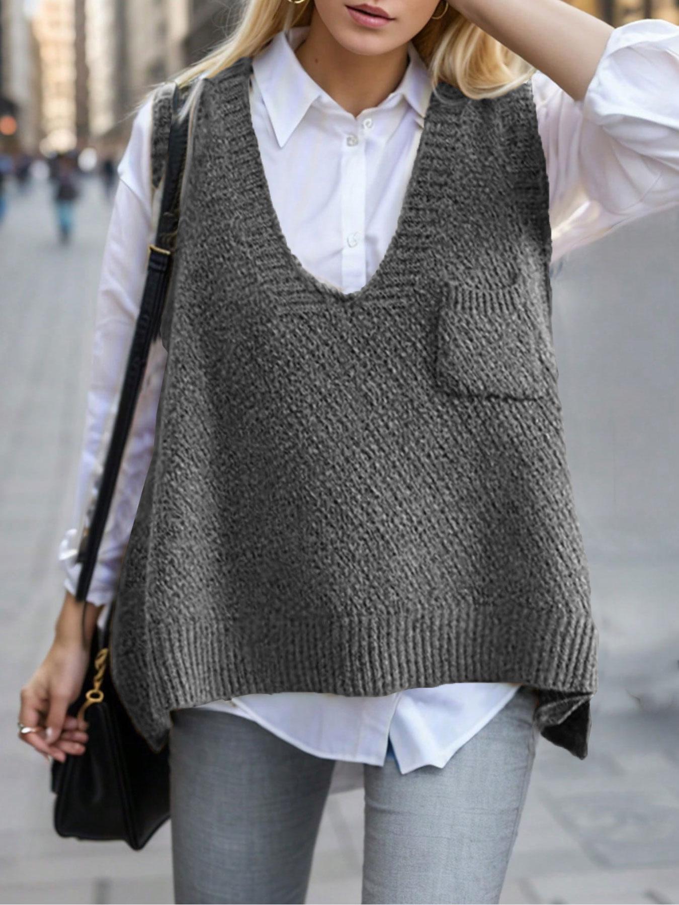 Women's Solid Pocket High Low Hem V Neck Sweater Vest, Casual Sleeveless Jumper Vest for Daily Wear, Ladies Knitwear for All Seasons, Chic Elegant Vest
