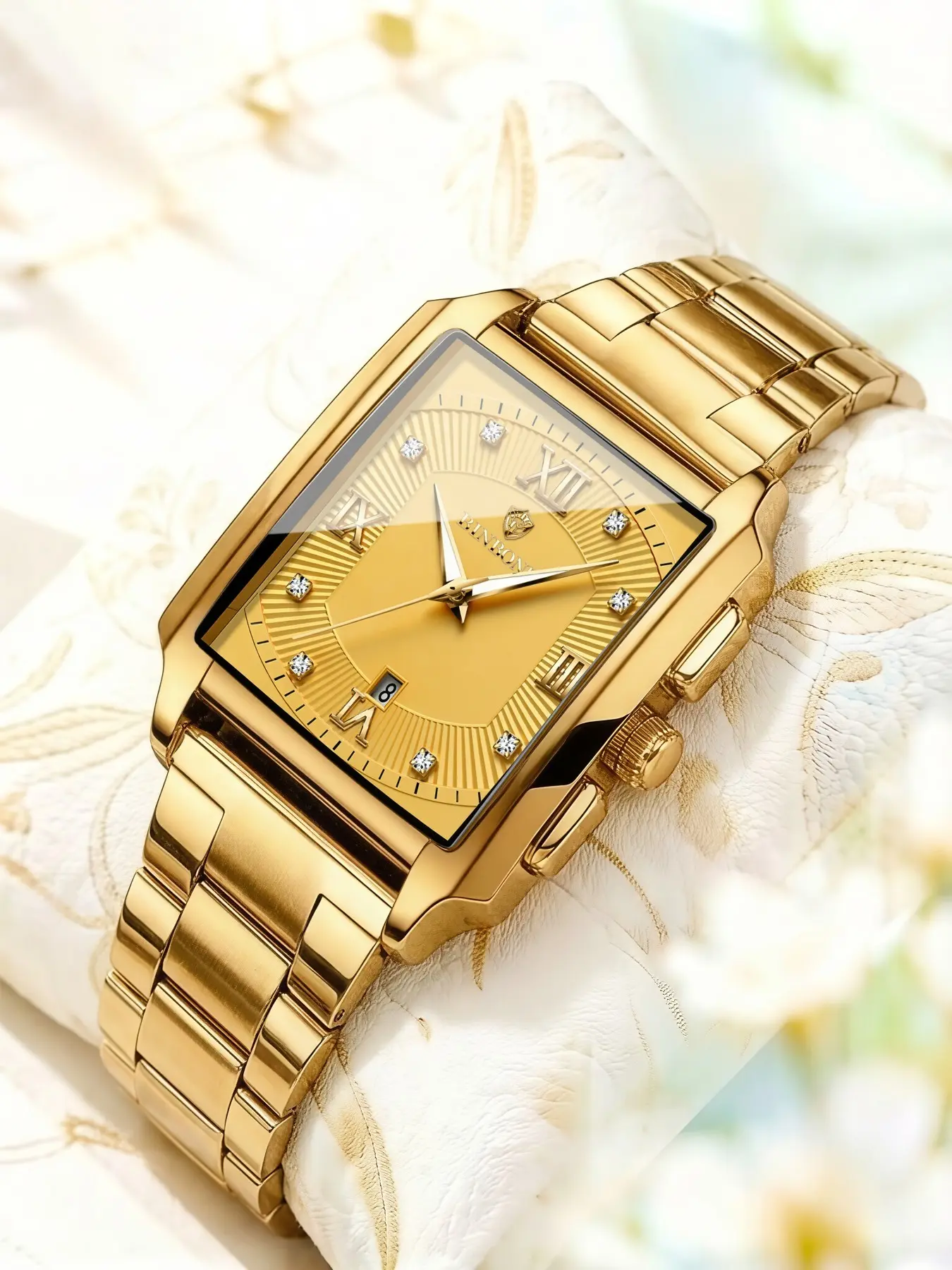 Men Square Quartz Watch Solid Gold Square Case Gold Sunburst Dial Roman Numerals With Diamond Markers Single Date Window Solid Gold Stainless Steel Bracelet 30M Waterproof Business Dress Wristwatch Luxury Gift For Men