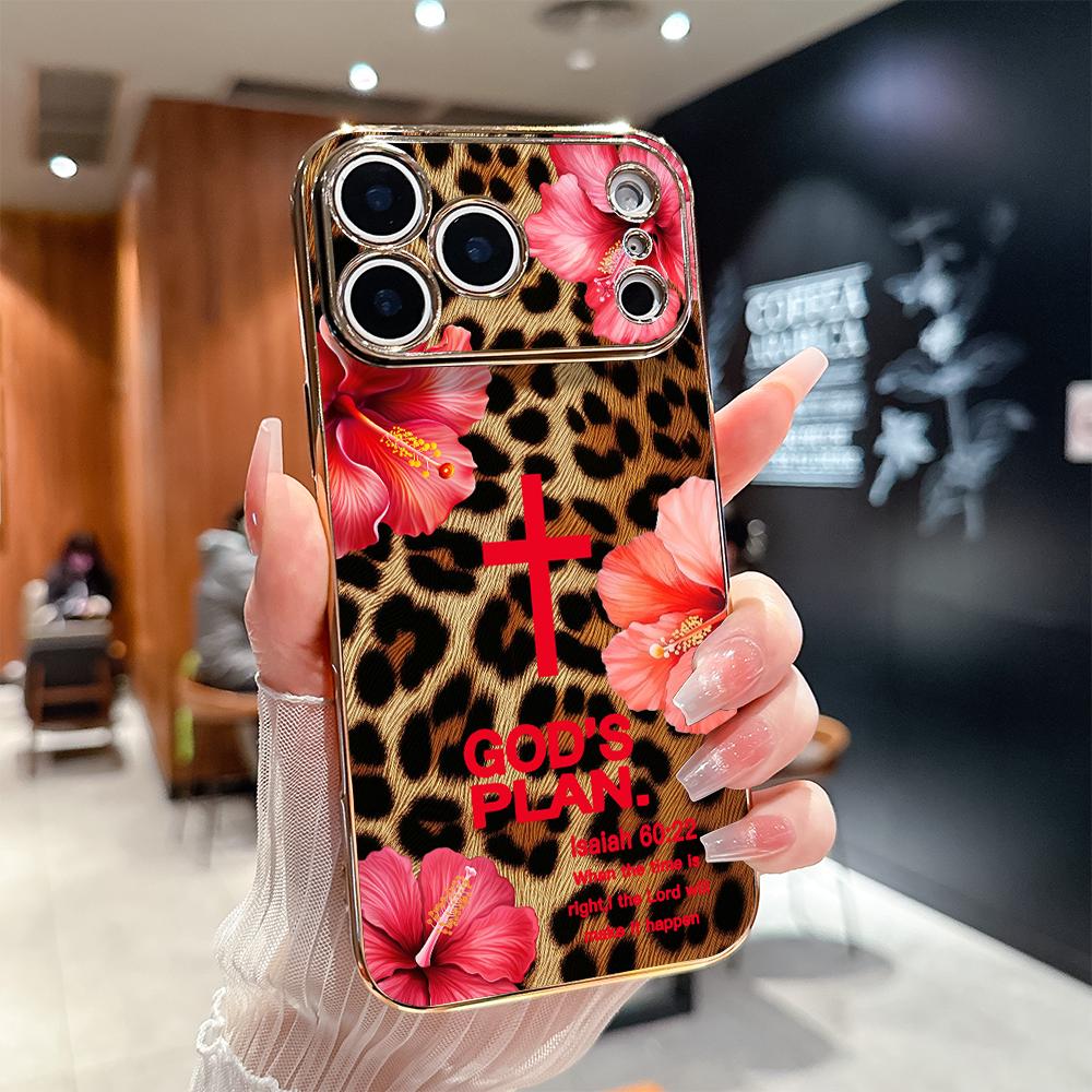 Leopard print and GOD'S PLAN lsaiah 60:22 Pattern Shockproof Phone Case for iPhone 17 Pro Max Air 16 15 14 13 12 11 Plus  Gold electroplated edge texture Full-lens protection Protecitved Cover