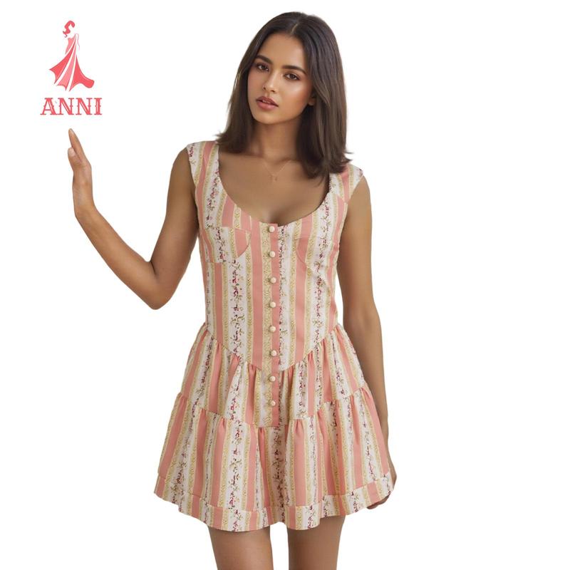 Women's Cap Sleeve Mini Dress Summer Fashionable Floral Print/Solid Color Scoop Neck A Line Ruffled Dress