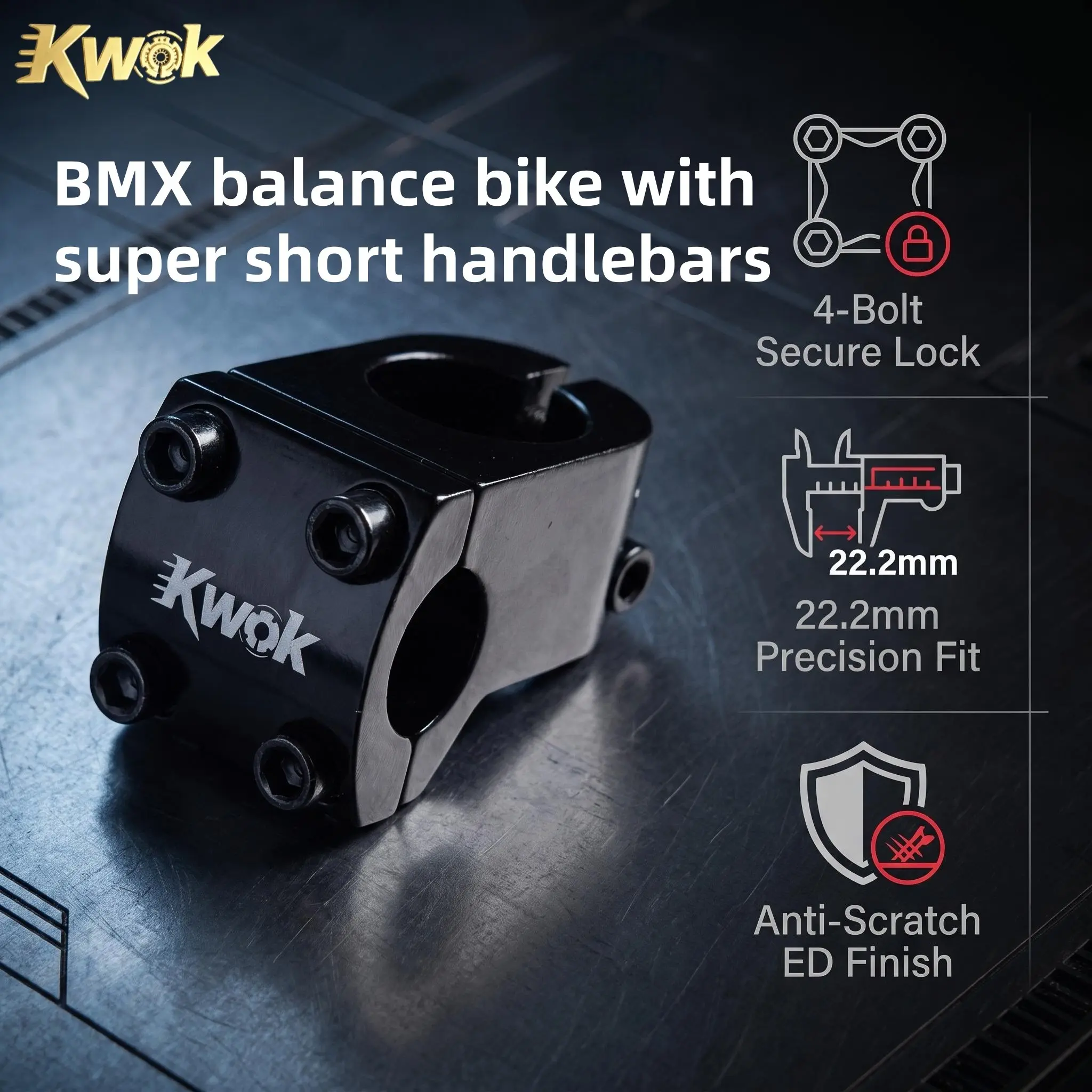 Kwok Bmx Short Handlebar 30mm Center Distance, 22.2mm Grip, 28.6mm Fork Clamp, Ultra-Short Bike Bar for Freestyle Bmx, Balance Scooter, Ed Finish