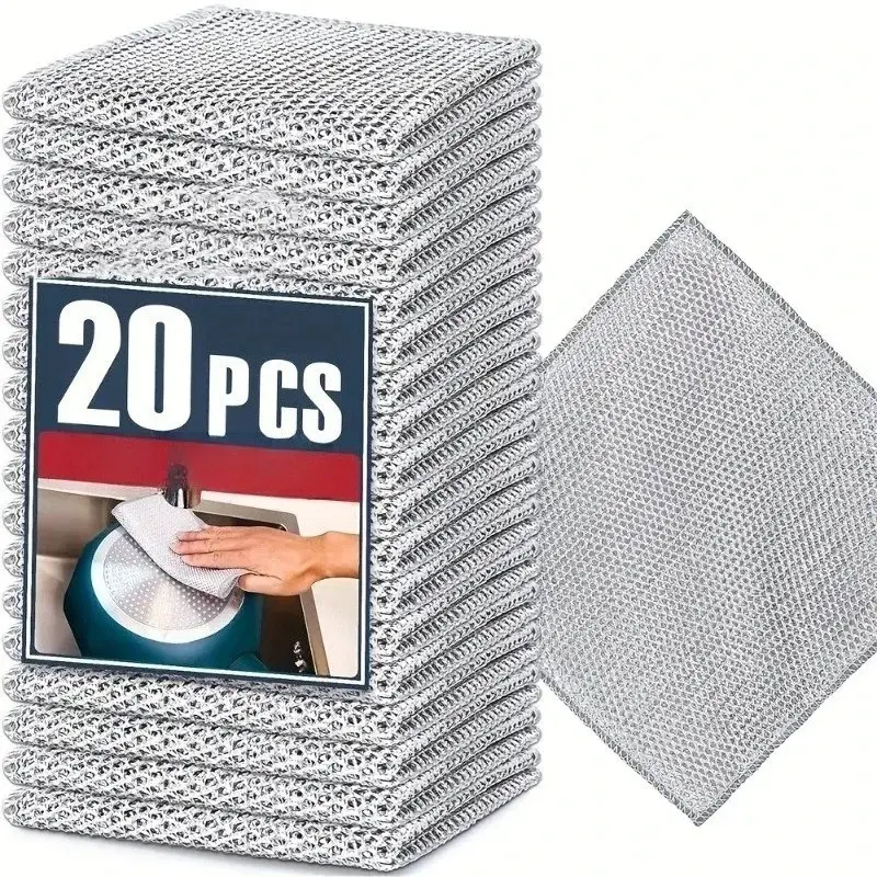 Double Layer Steel Wire Cleaning Cloth, Scratch Free Microfiber Mesh Dish Towel, Multipurpose Washing Kitchen Pots Pans Cleaner, Kitchen Cleaning Cloths