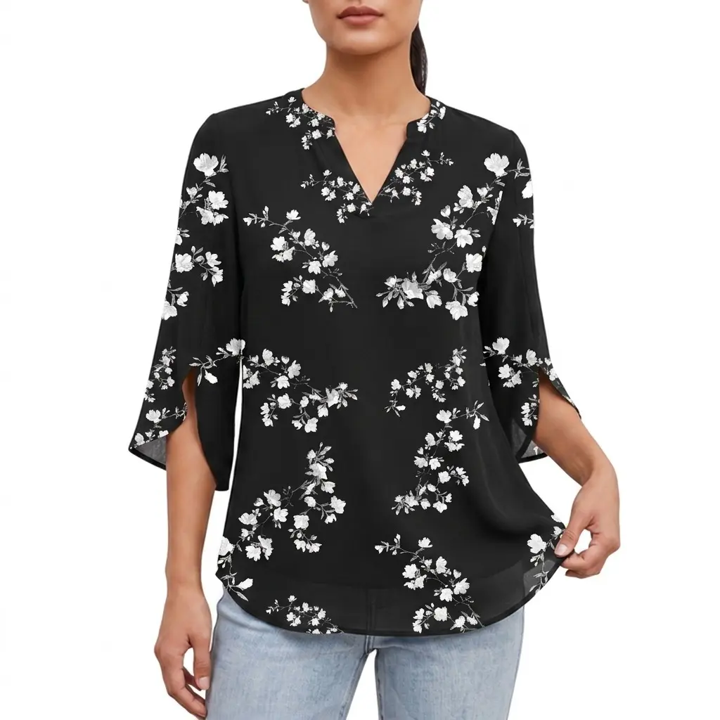 Women's Chiffon Blouse with V-Neck, X-Shaped Fit and 3/4 Petal Sleeves for Casual Spring and Summer Outfits