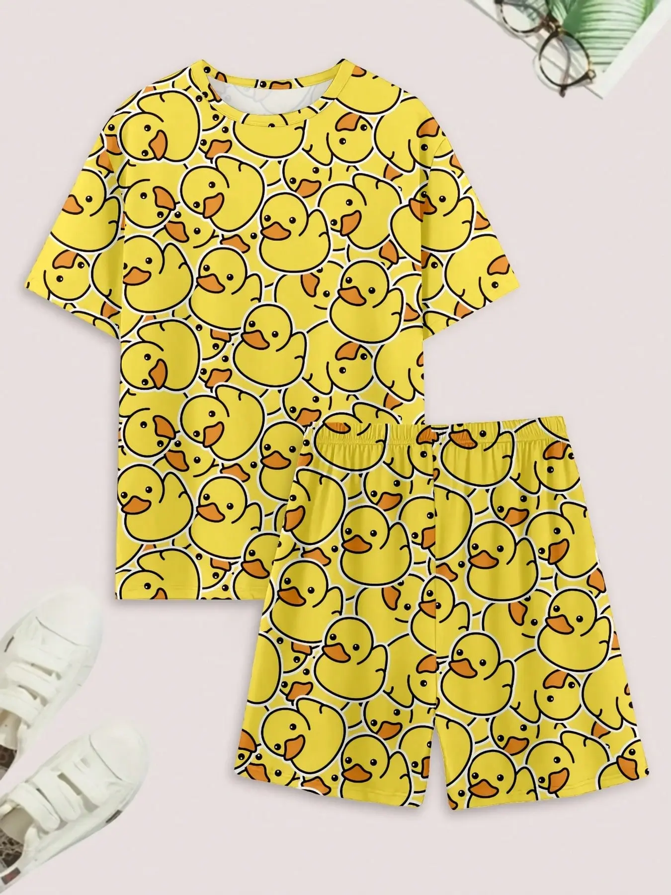 Men's Short Sleeve Pajama Set, Duck Cartoon Print, Round Neck, Loose Fit, Cozy Lounge Set, Casual Home Sleepwear, Two-Piece Set