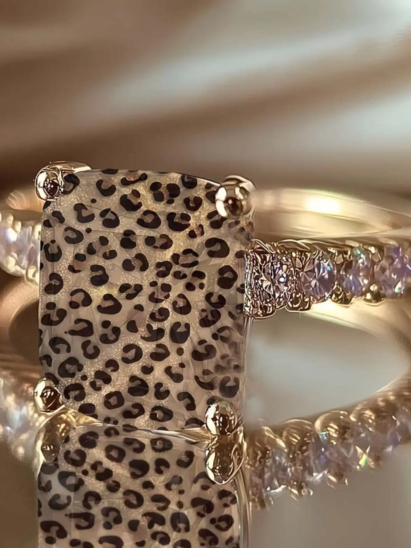 Leopard Print Square Statement Ring, Wild Pattern Design, Side Embellishments, Bold Personalized Fashion Ring