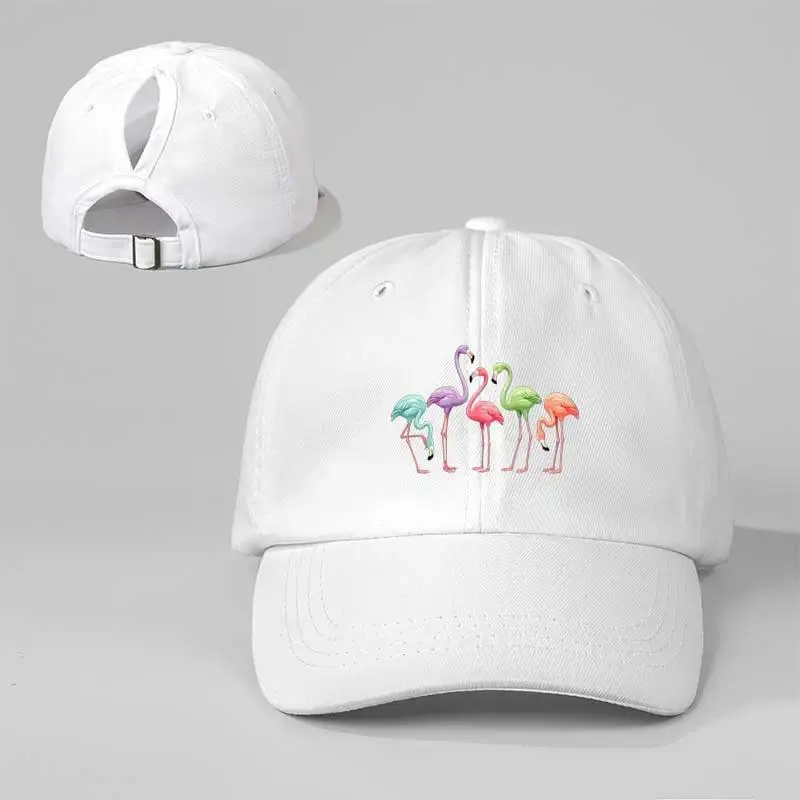 Women's Flamingo Ponytail Baseball Cap, Vintage Washed Adjustable Messy Bun Hat, Breathable Cotton Sun Hat for Beach Vacation, Travel, Hiking, Camping, Outdoor Sports & Daily Casual Wear