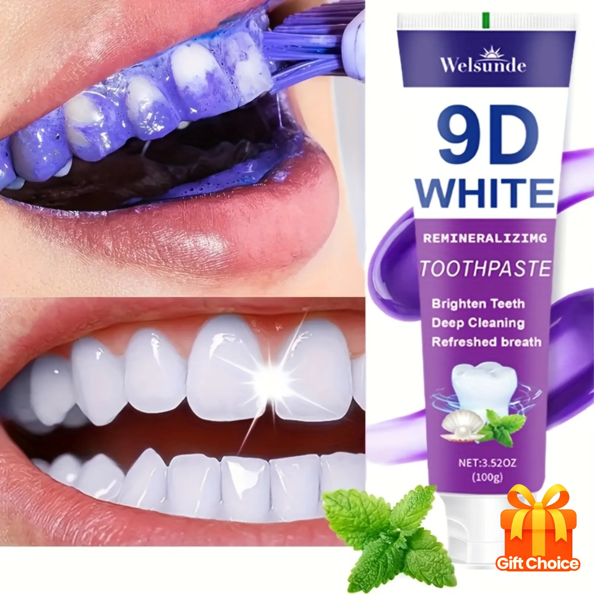 9D Hydroxyapatite Purple Toothpaste, 100g/3.52oz Travel-Size European Adult Formula - Brightening, Deep Cleansing, Gum Health Protection, Bad Breath Prevention, Minty Welsunde Oral Hygiene Gift (Indoor Recreation Oral Care), Basic Paste Form