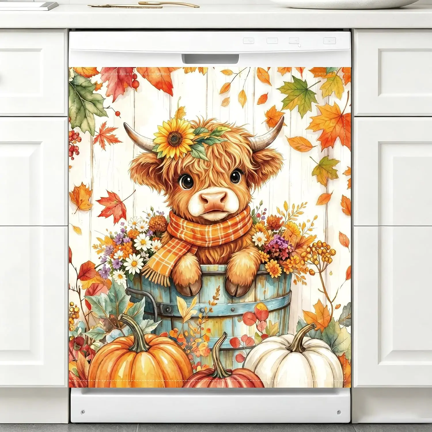 Fall Dishwasher Magnet Cover, Cute Autumn Highland Cow Pumpkin Dishwasher Covers for the Front Magnetic Fridge Panel Decal Sticker for Thanksgiving Home Kitchen Decor 23x26 Inch