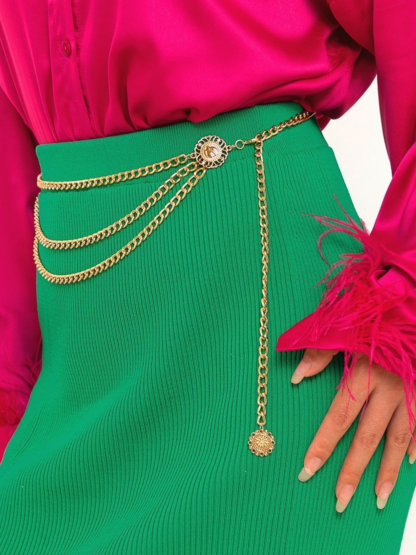 Women's Fashion Tiered Layered Chain Belt, Stylish Belts, Elegant Belt Buckle, Casual Stainless Steel Waist Chain for Dress, Fashion Versatile Clothing Accessories for Jeans