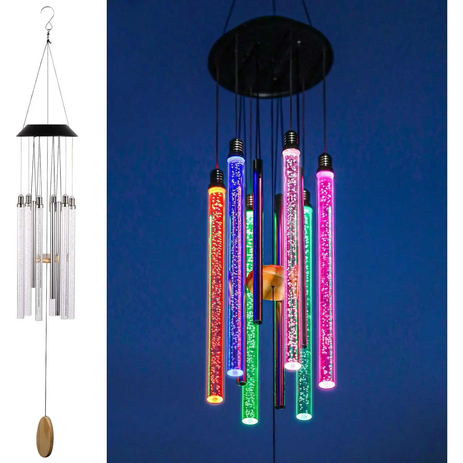 Solar Wind Chimes for Outside, 6 LED Tubes Color Changing Outdoor Clearance Unique Garden Decor Colorful Patio, Gifts for Her/Him (37" Long)