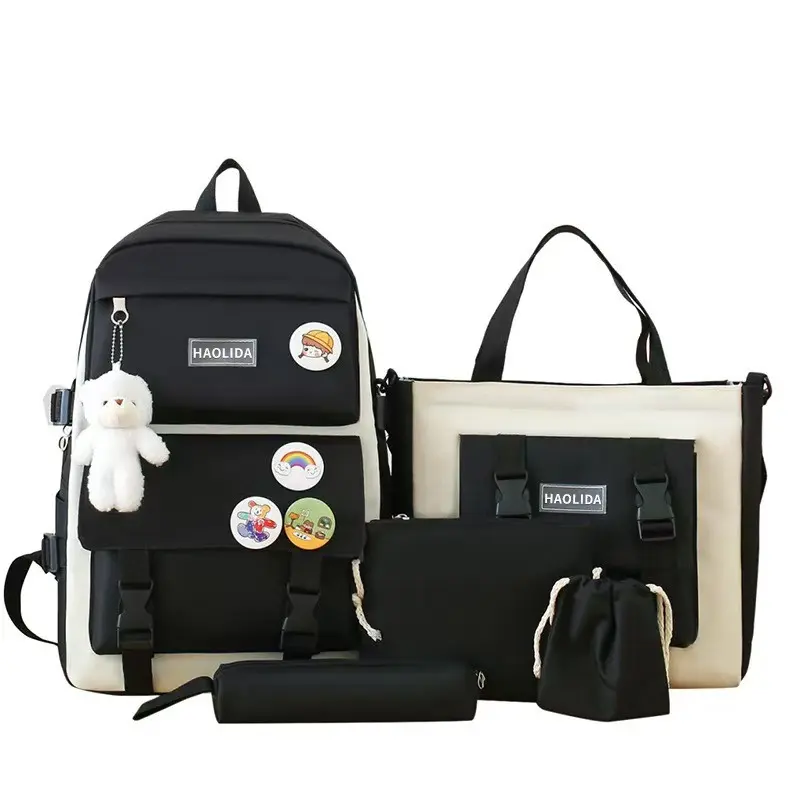 5-Piece Simple Casual Backpack Set, Large Capacity School Bag, Travel Bag, Canvas Shoulder Bag, Versatile, Ideal for Daily Use and Adventures