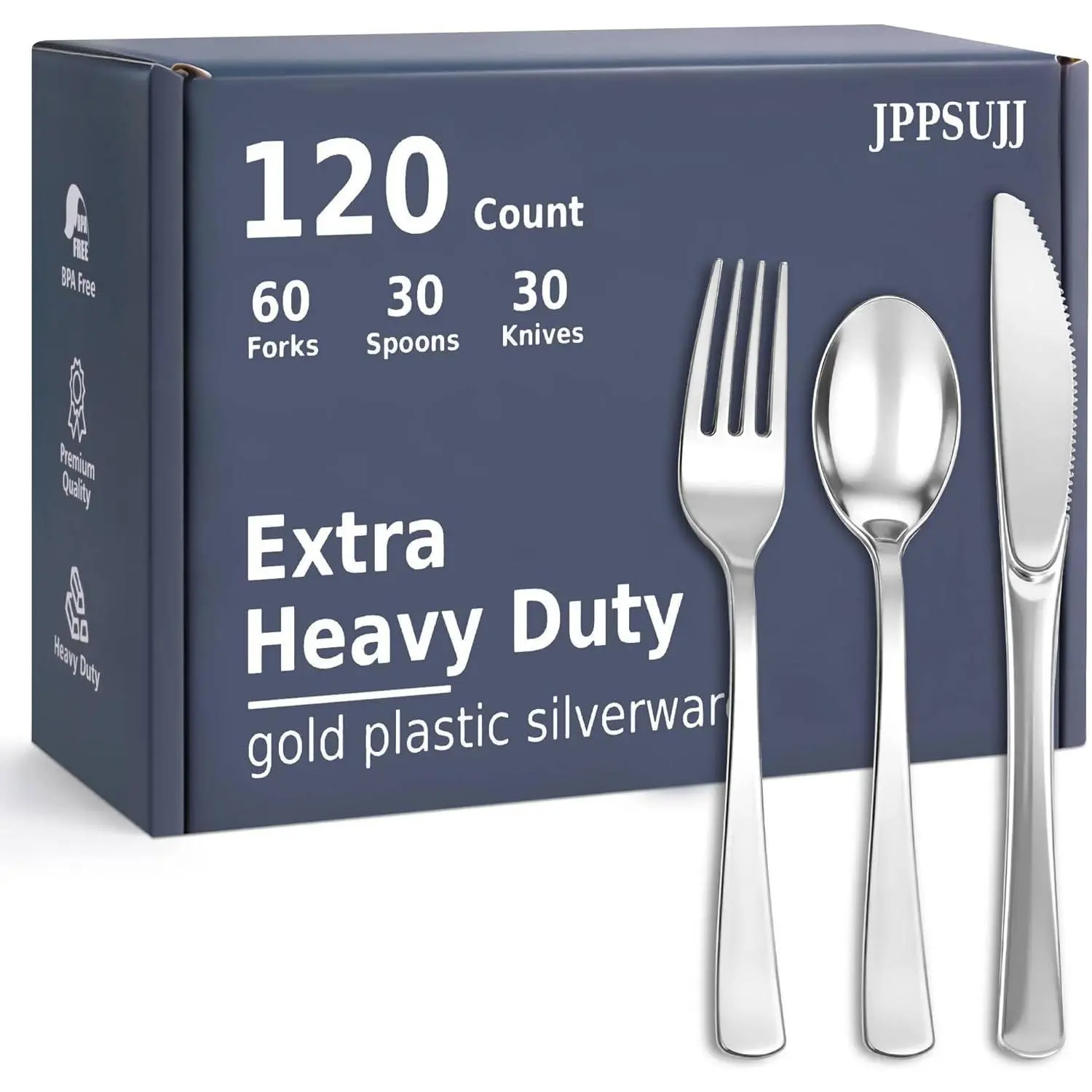 Extra Heavy-Duty Bend-Resistant Food-Grade Silver Disposable Silverware Set (120 Count) - 60 Forks, 30 Spoons, 30 Knives, Single-Use Classic Disposable Tableware Supplies for Weddings, Parties, Daily Use, Adults, Disposable Knives