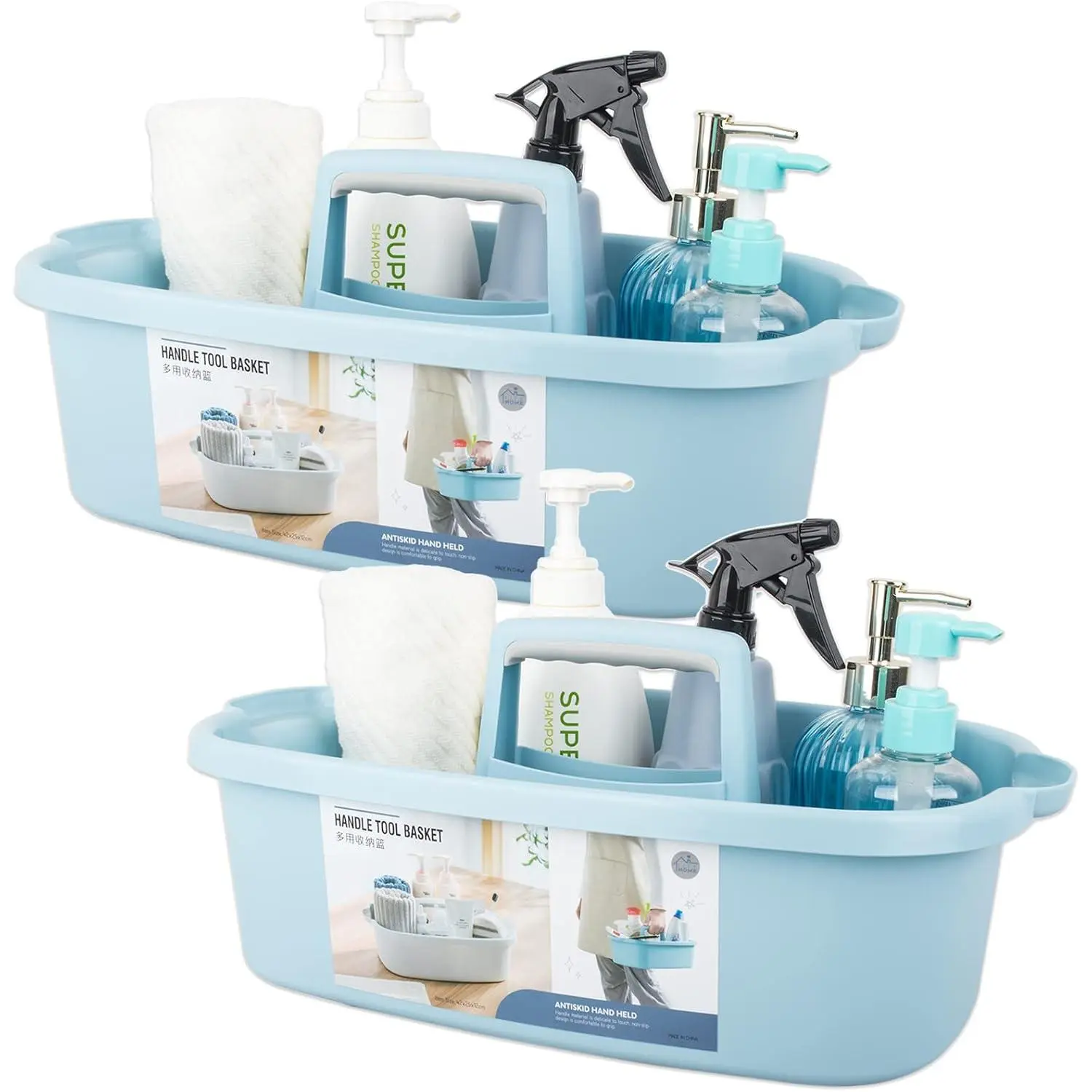 Large Cleaning Supplies  Portable Shower Basket  Organizer with Handle Plastic Bucket Tool Storage for Bathroom, Bedroom, Kitchen, College Dorm, Garden, Blue 2 Pack