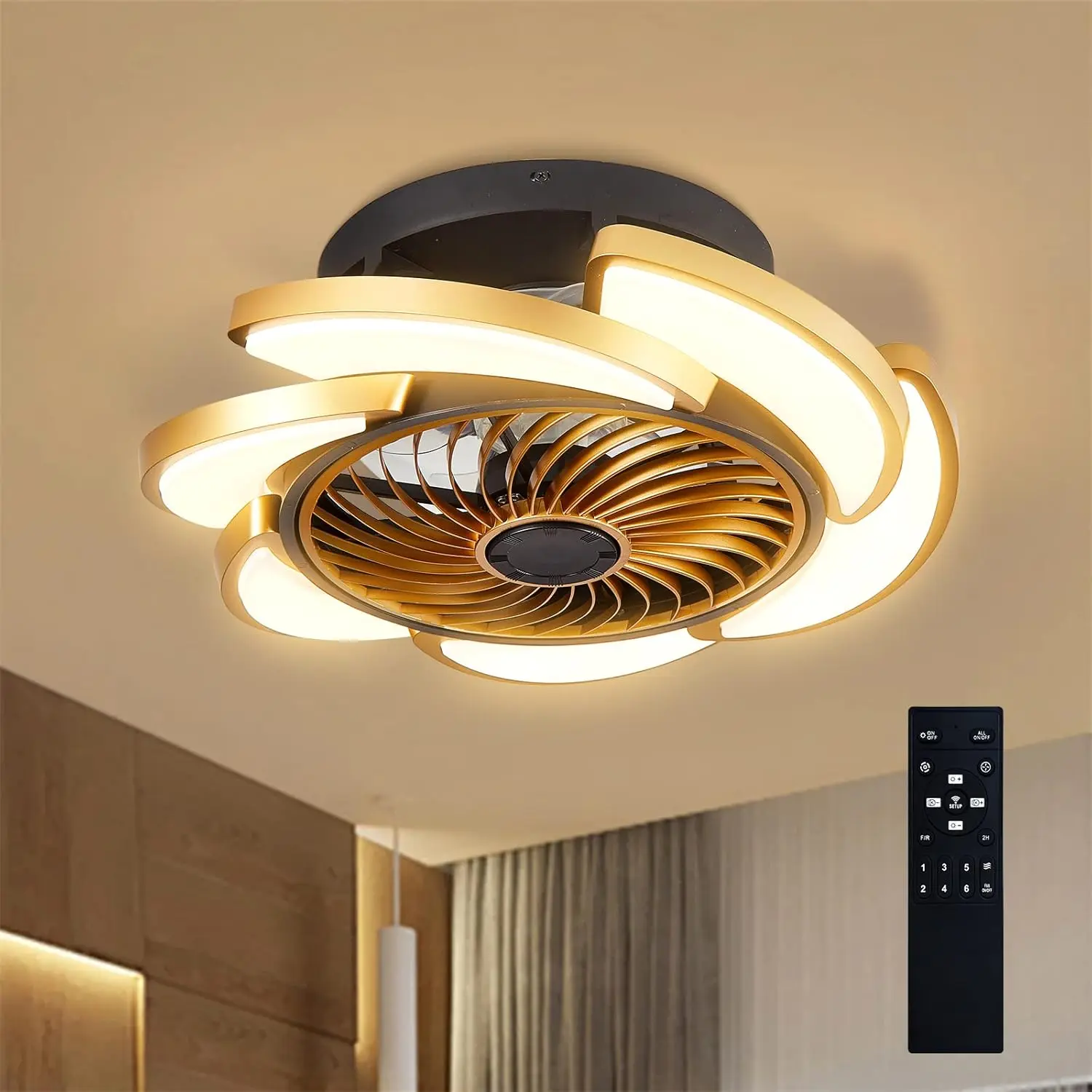 ARCH 17" Gold Bladeless Ceiling Fan with Light, Remote Control 6 Speeds, Dimmable LED, Low Profile Flush Mount, Modern Enclosed Design for Living Room, Bedroom, Quiet DC Motor, Aluminum & Iron, Gold+Black, Gold+Black Color Options