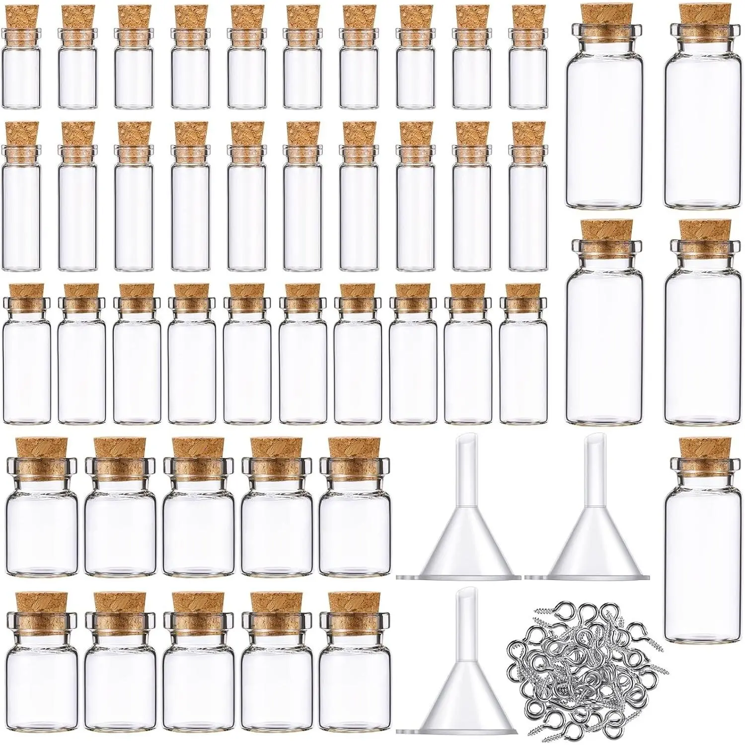 45 Pcs Mini Tiny Glass Jars Small Bottles with Cork Stoppers Spell Jars with Eye Screws and Funnels Tiny Cork Glass Bottles for DIY Art Craft (1ml, 2ml, 3ml, 5ml, 10ml)