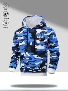 Men's Fitted Camo Pullover Hoodie Adjustable Drawstring, Long Sleeves, USA Lettering & Mini Flag Print, Large Pocket, Tops for Outdoor Casual & City Shopping, Americana Sweatshirts, Father's Day Gifts