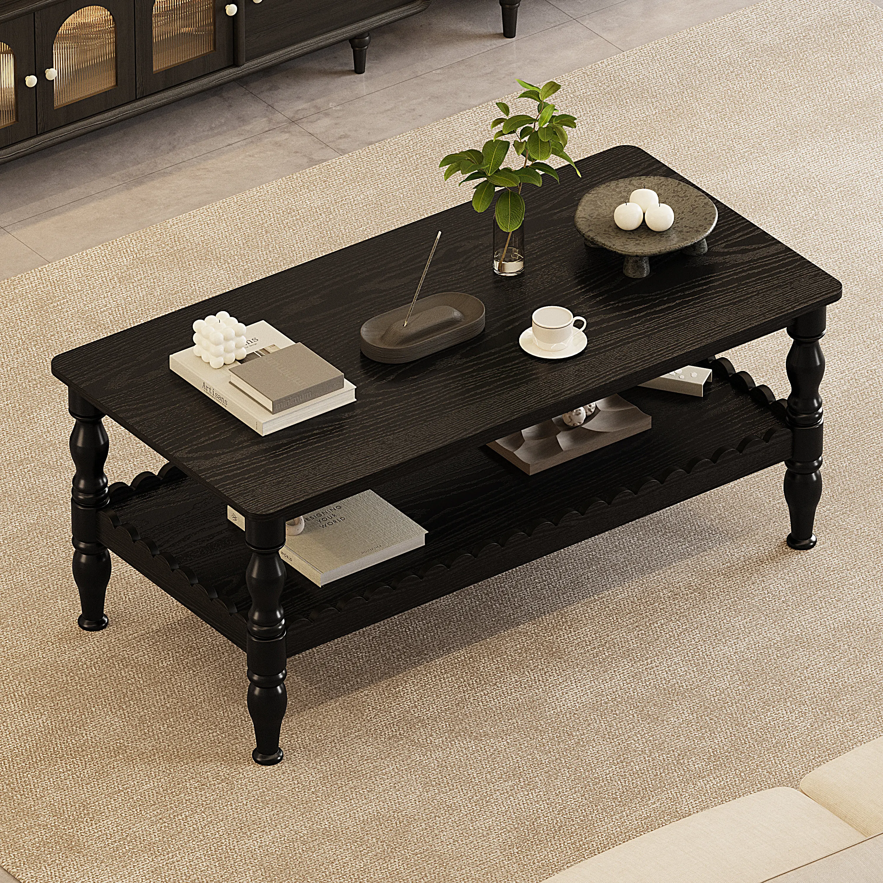 ARCH Rectangle Coffee Table with Storage Shelf, Solid Wood & MDF 2-Tier Center Table, Farmhouse Lacquered Antique Black Finish, Freestanding Sofa Table for Living Room, Easy Assembly, 43.3x21.7x17.7 Inches, Antique Black Color Options
