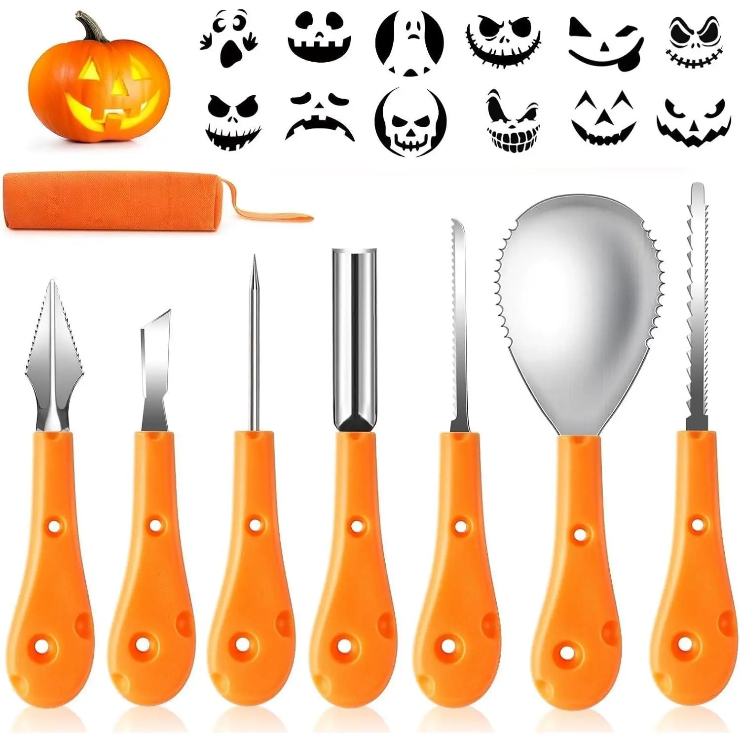 Halloween Pumpkin Carving Kit,Professional and Heavy Duty Stainless Steel Tools,Pumpkin Carving Set with 12 Pumpkin Stencils Carrying Case(7pcs)