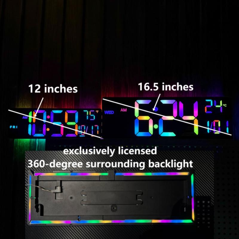 EASYERA 16.5" Large Wood Grain Digital Wall Clock with Remote Control RGB Atmosphere Lights 11 Scenes Dual Alarms LED Display for Livingroom Classroom, Office, Game, Craft Room, Game-Changer for Seniors & Elderly, Grey & Kids.