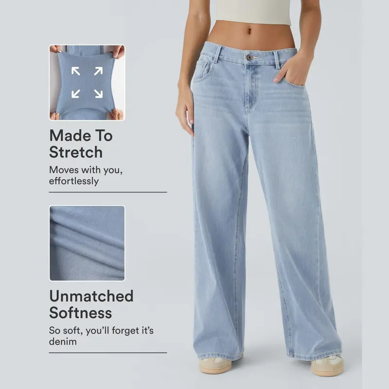 Halara Flex™ Low Rise Zipper Pockets Washed Baggy Wide Leg Casual Jeans